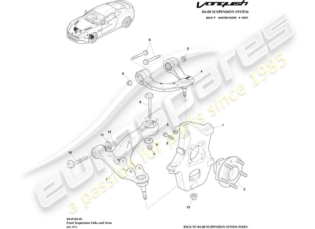 aston martin vanquish (2016) diagrama de piezas del conjunto de suspensión delantera