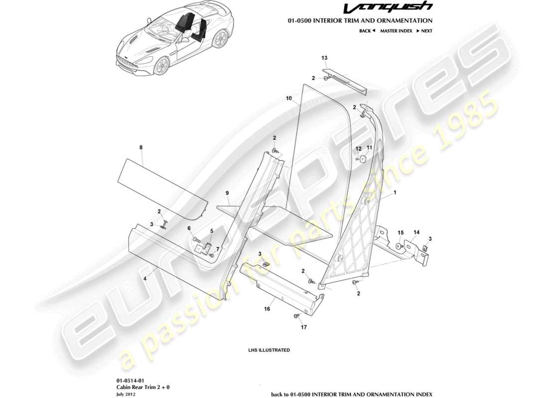 aston martin vanquish (2015) guarnición trasera de la cabina, 2+0 diagrama de piezas del cupé