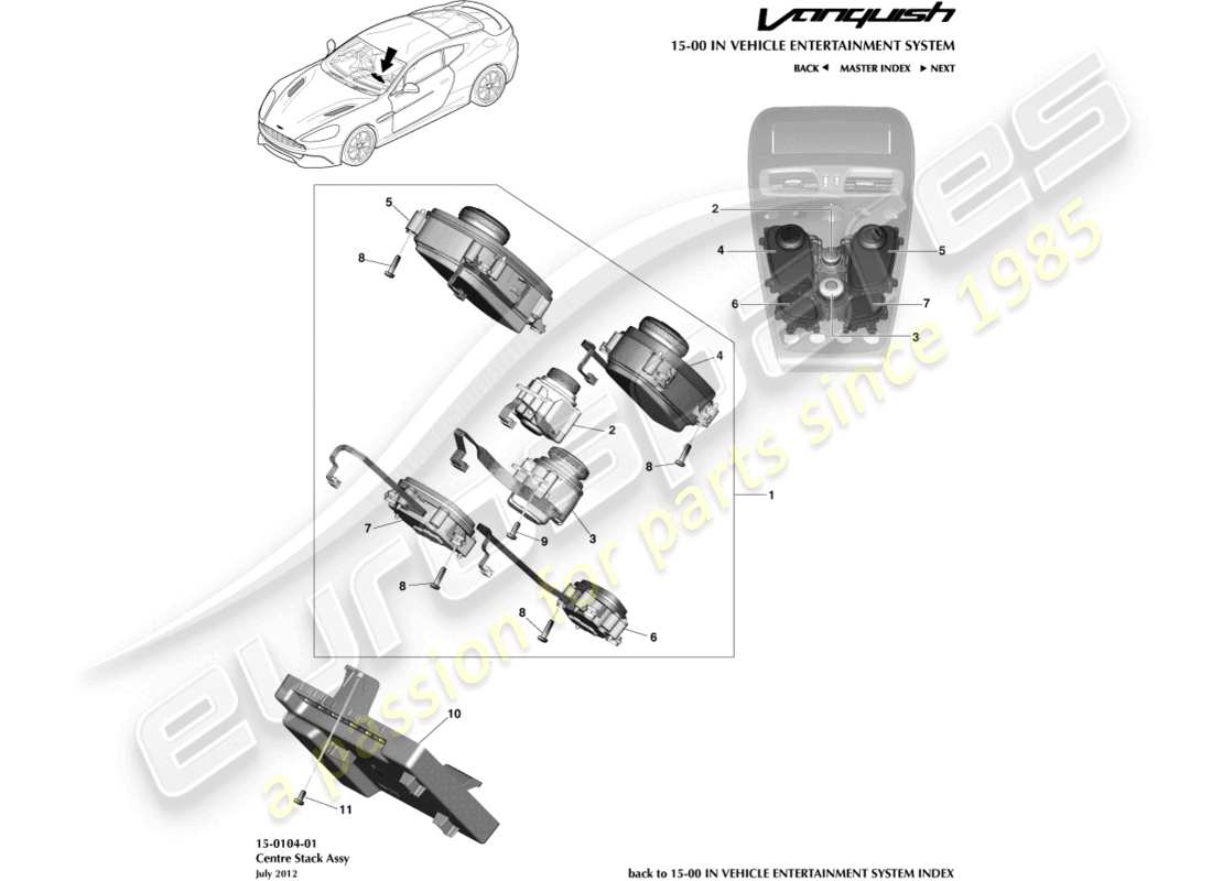 aston martin vanquish (2015) controles de infoentretenimiento diagrama de piezas