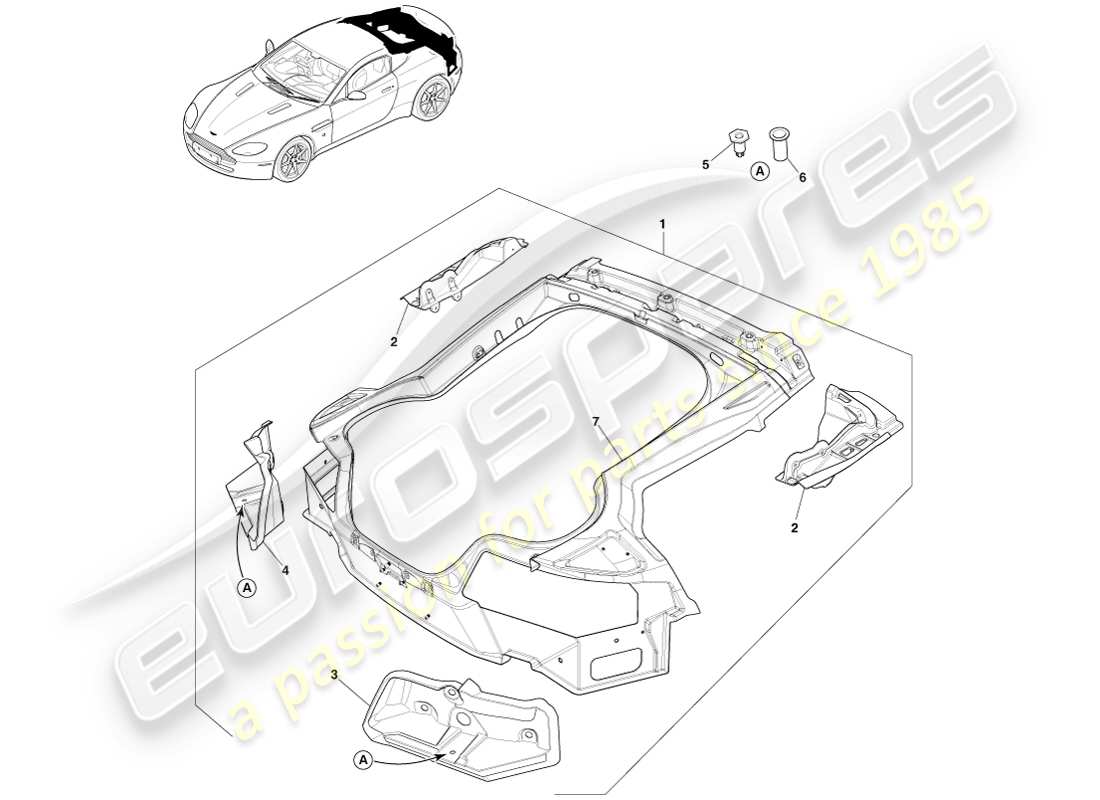 aston martin v8 vantage (2005) parte trasera de la carrocería compuesta, diagrama de piezas del cupé