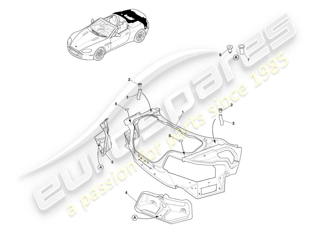 aston martin v8 vantage (2005) diagrama de piezas del roadster, compuesto del extremo trasero de la carrocería
