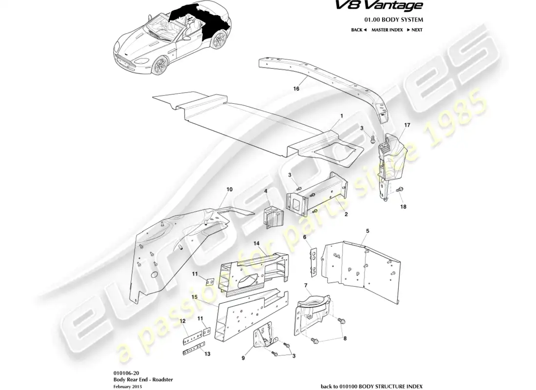 aston martin v8 vantage (2008) parte trasera de la carrocería, diagrama de piezas del roadster