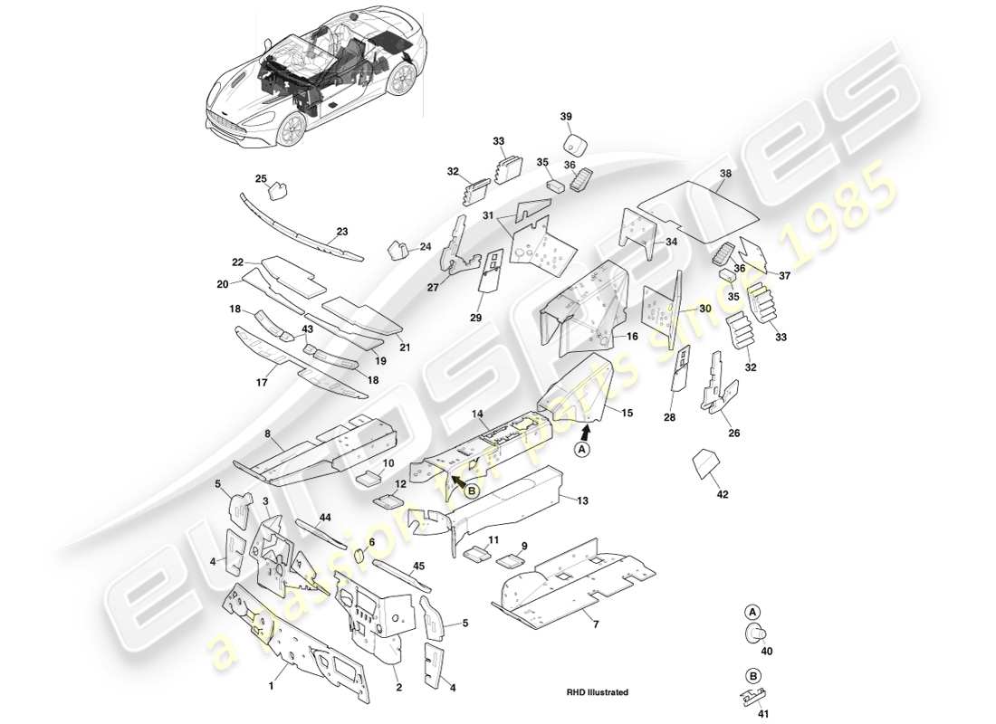 aston martin vanquish (2014) almohadillas nvh, diagrama de piezas volante