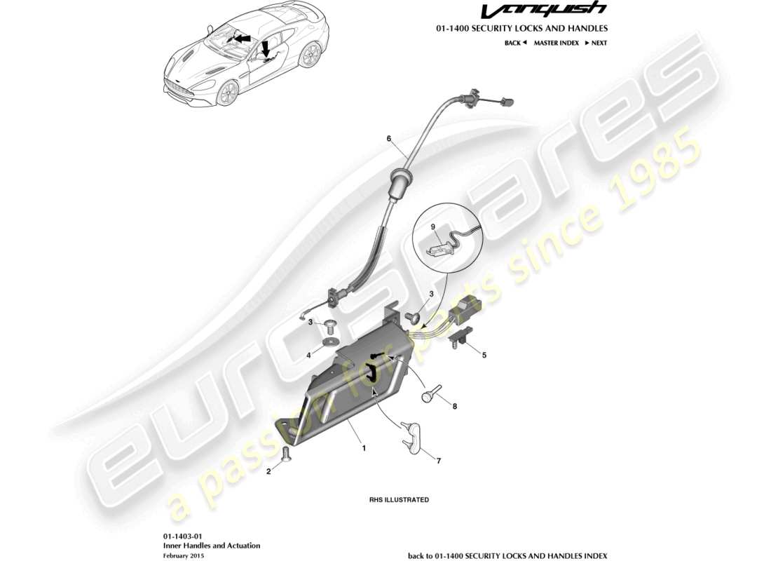 aston martin vanquish (2015) manijas interiores y accionamiento diagrama de piezas