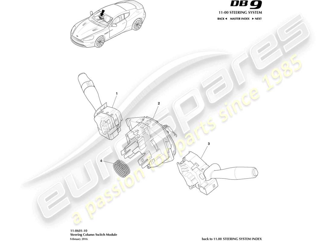 aston martin db9 (2016) diagrama de piezas del conjunto del interruptor de columna