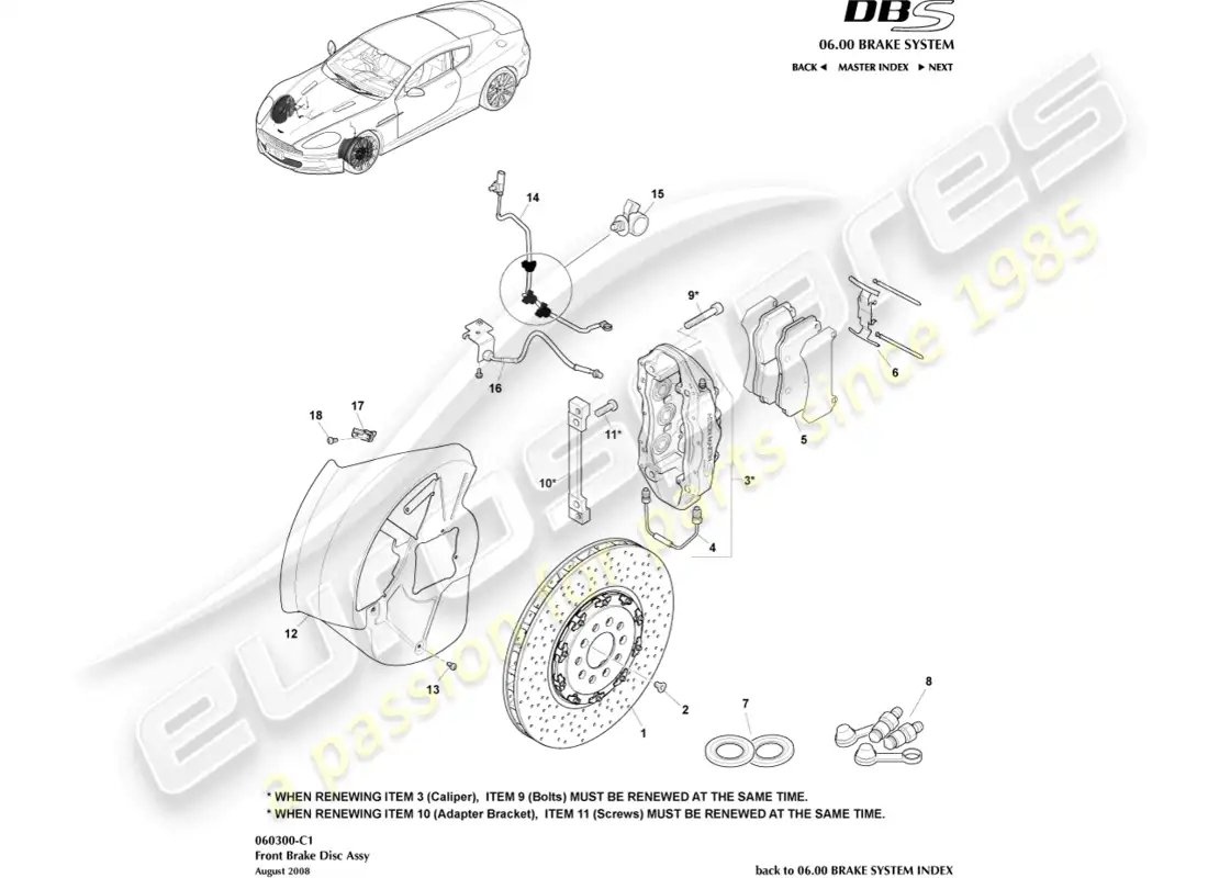aston martin dbs (2011) sistema de freno delantero diagrama de piezas