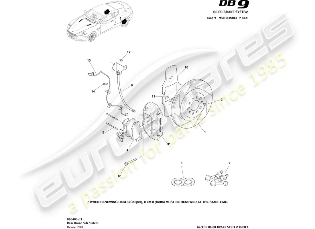 aston martin db9 (2012) sistema de freno trasero diagrama de piezas