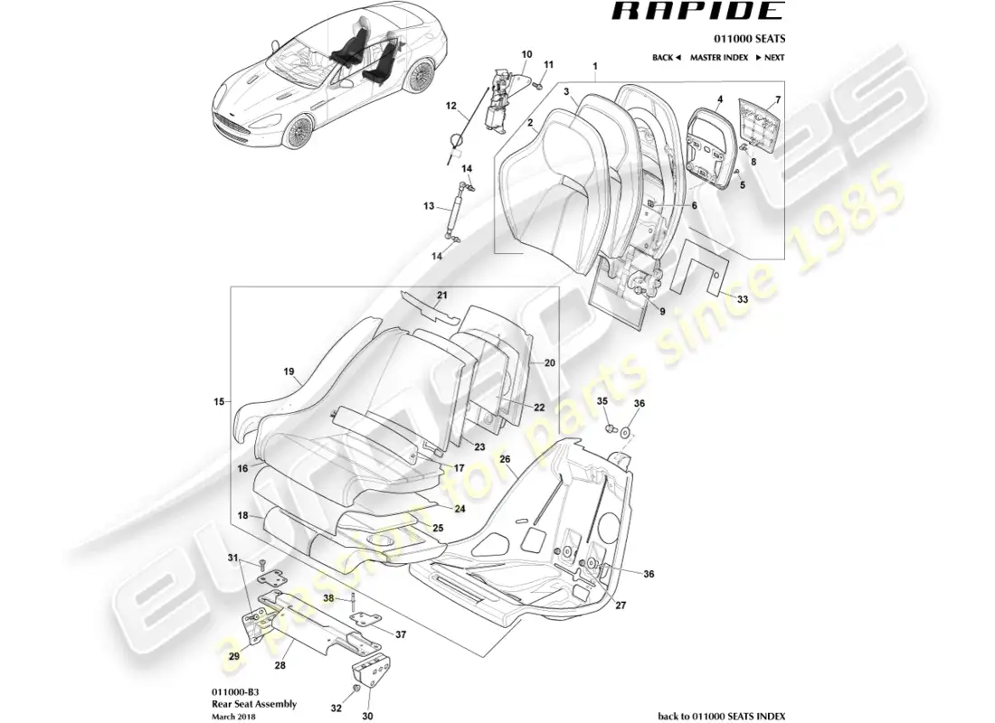 aston martin rapide (2012) asientos traseros diagrama de piezas