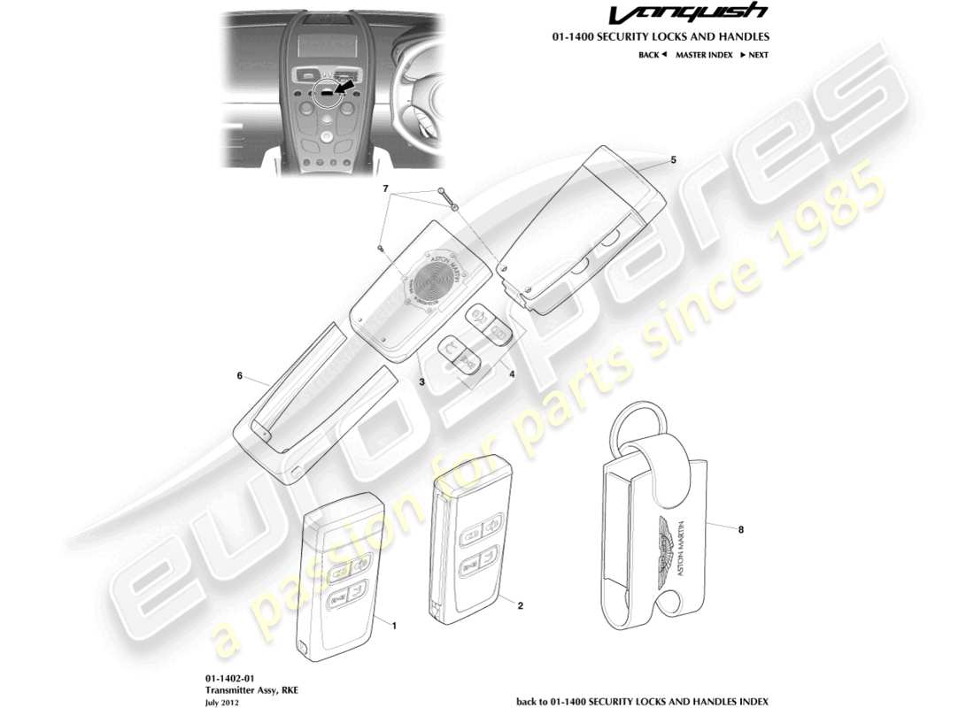 aston martin vanquish (2015) transmisor rke diagrama de piezas
