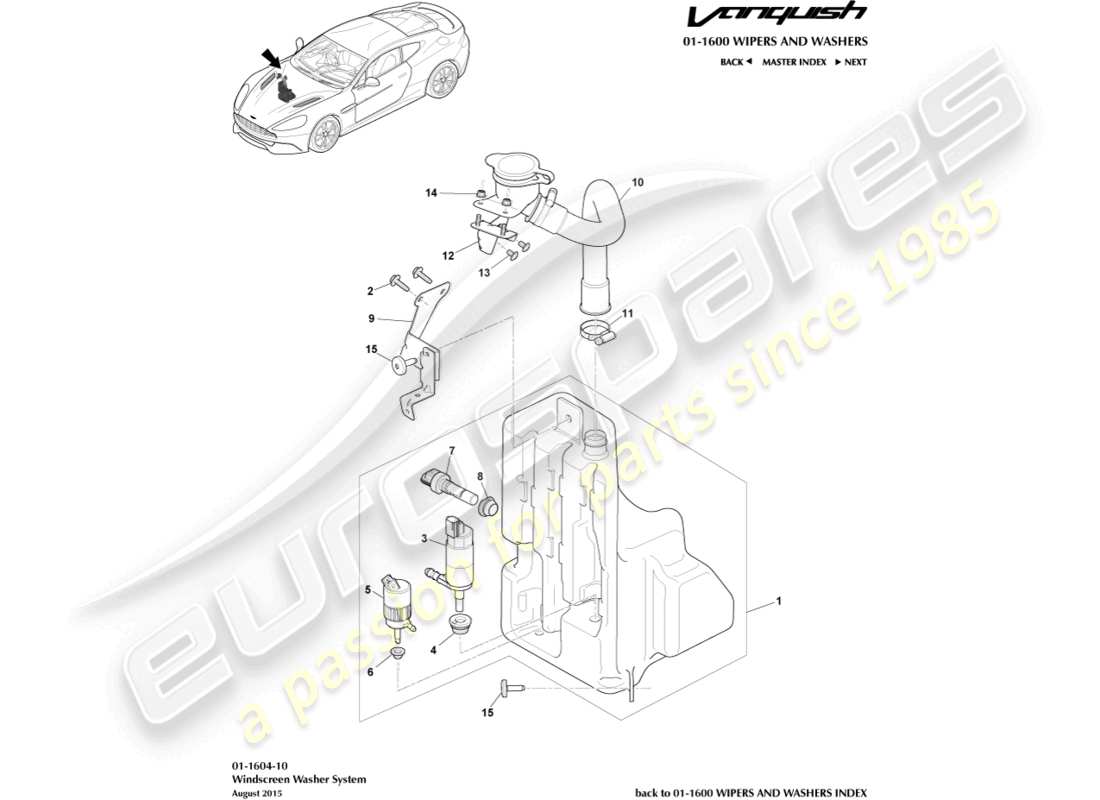aston martin vanquish (2018) diagrama de piezas de la botella de arandela