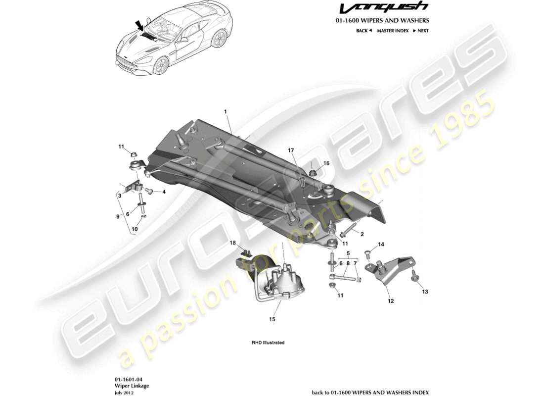aston martin vanquish (2018) diagrama de piezas del varillaje del limpiaparabrisas