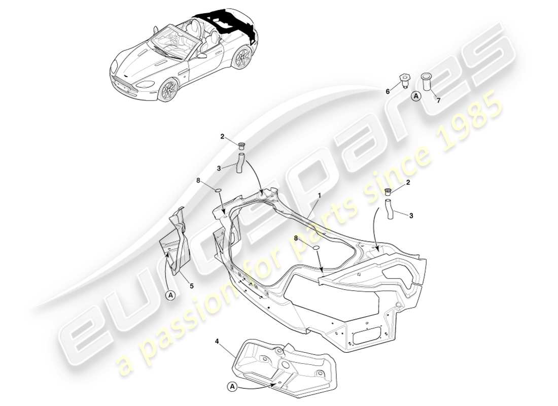 aston martin v8 vantage (2007) diagrama de piezas del roadster, compuesto del extremo trasero de la carrocería