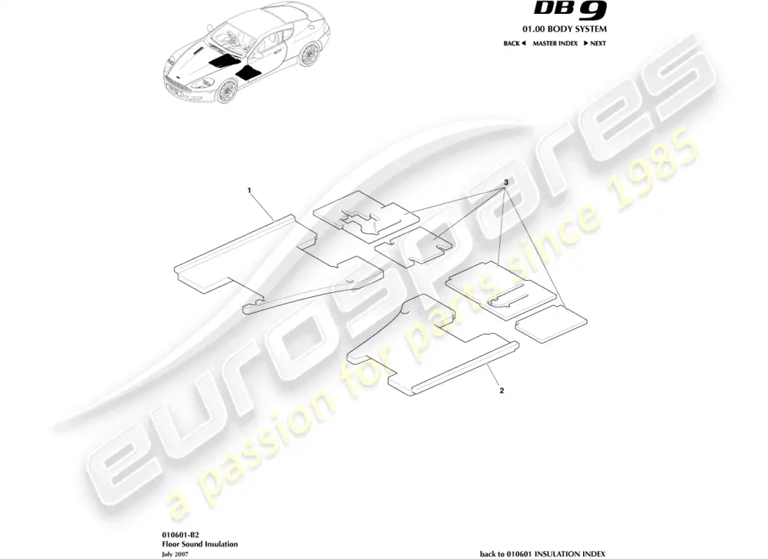 aston martin db9 (2012) diagrama de piezas de aislamiento acústico del suelo