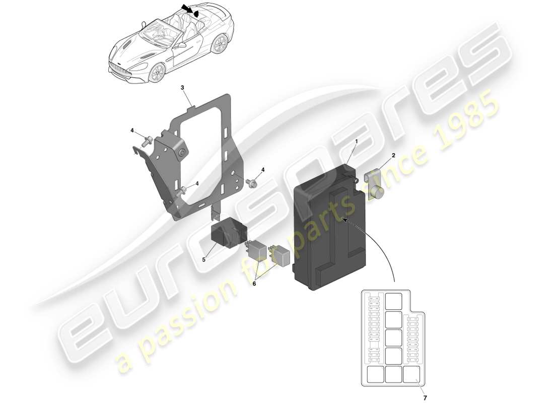 aston martin vanquish (2014) caja de fusibles del compartimento de carga diagrama de piezas