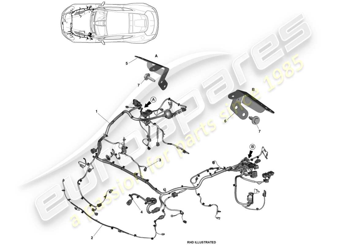 aston martin vanquish (2014) diagrama de piezas del arnés del compartimento delantero y del motor