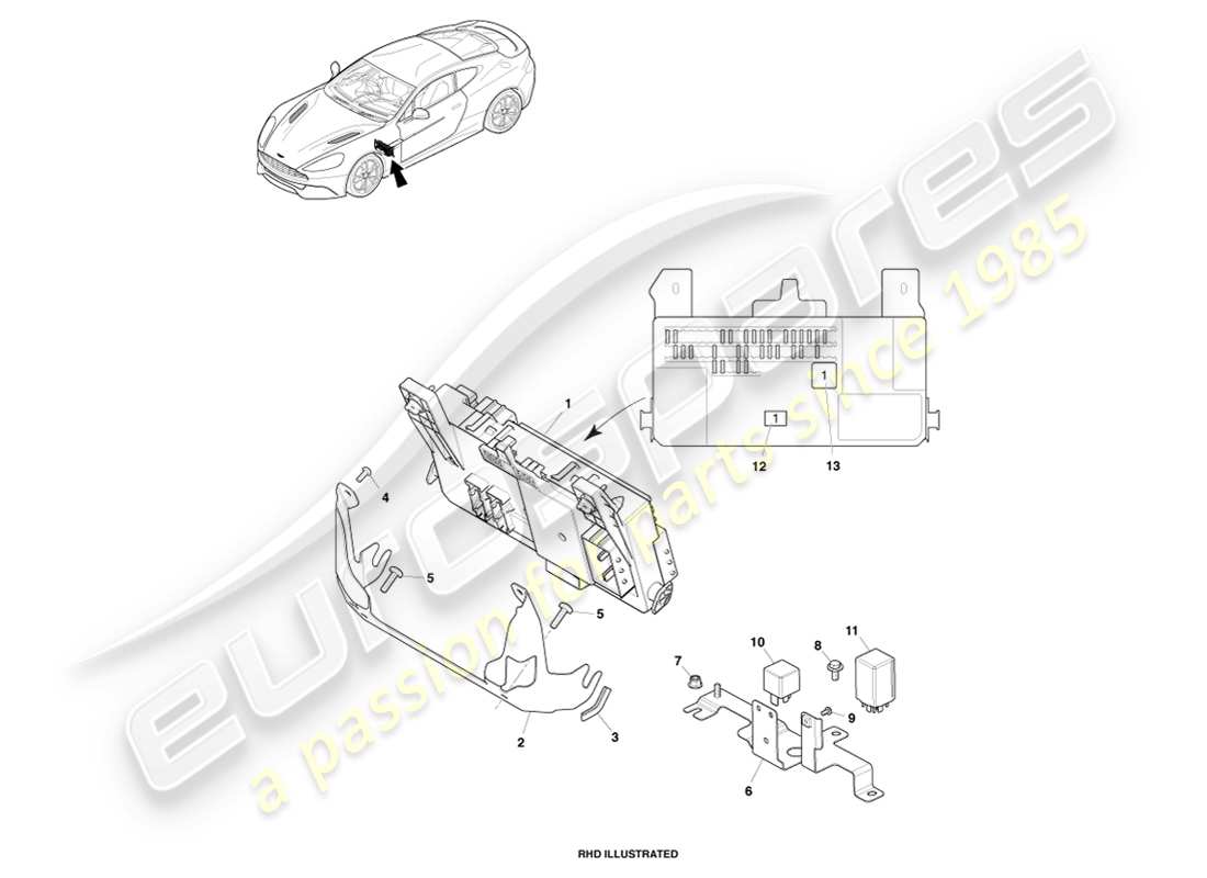 aston martin vanquish (2014) caja de fusibles del habitáculo diagrama de piezas