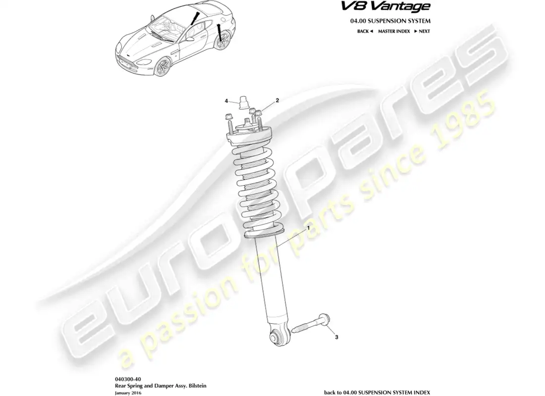 aston martin v8 vantage (2008) resorte y amortiguador traseros, diagrama de piezas bilstein