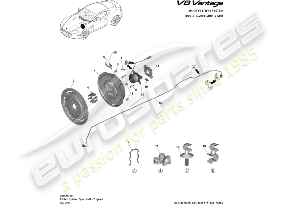 aston martin v8 vantage (2008) diagrama de piezas del sistema de embrague, cambio deportivo 7 velocidad