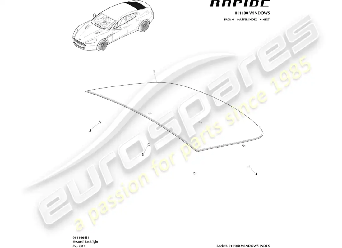 aston martin rapide (2014) parabrisas trasero diagrama de piezas