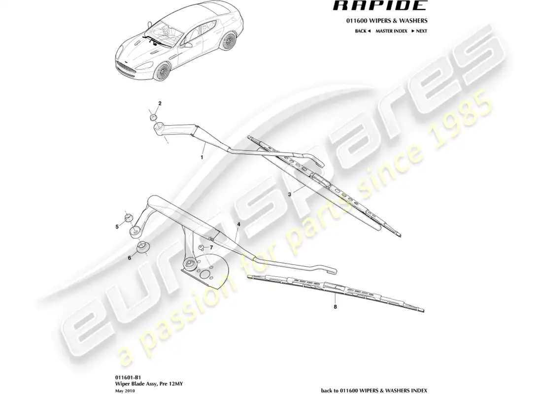 aston martin rapide (2016) conjunto de escobilla de limpiaparabrisas diagrama de piezas