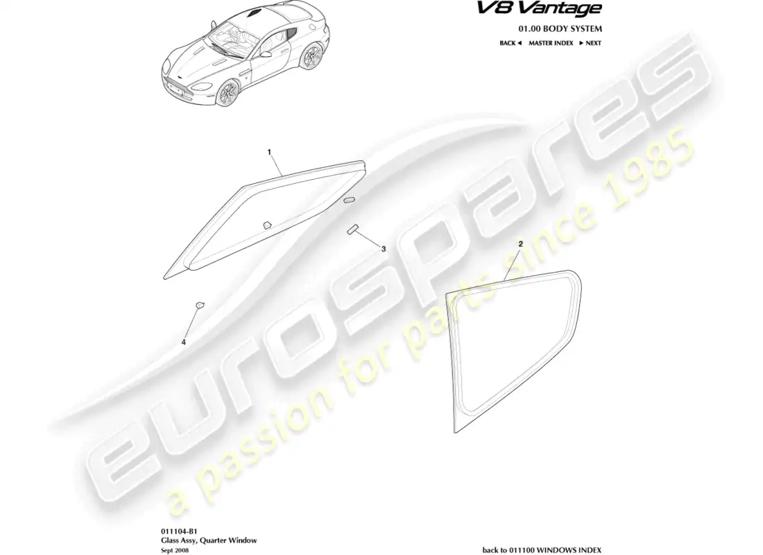 aston martin v8 vantage (2008) vidrio del cuarto trasero, diagrama de piezas del cupé
