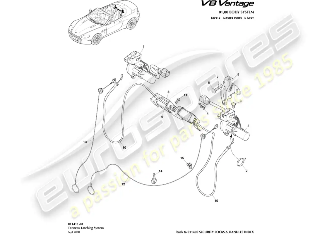 aston martin v8 vantage (2008) diagrama de piezas del sistema de cierre tonneau