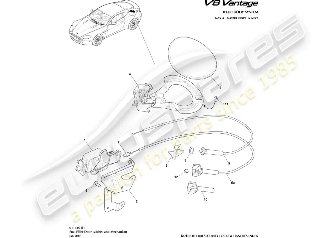aston martin v8 vantage (2008) mecanismo de llenado de combustible, diagrama de piezas del cupé