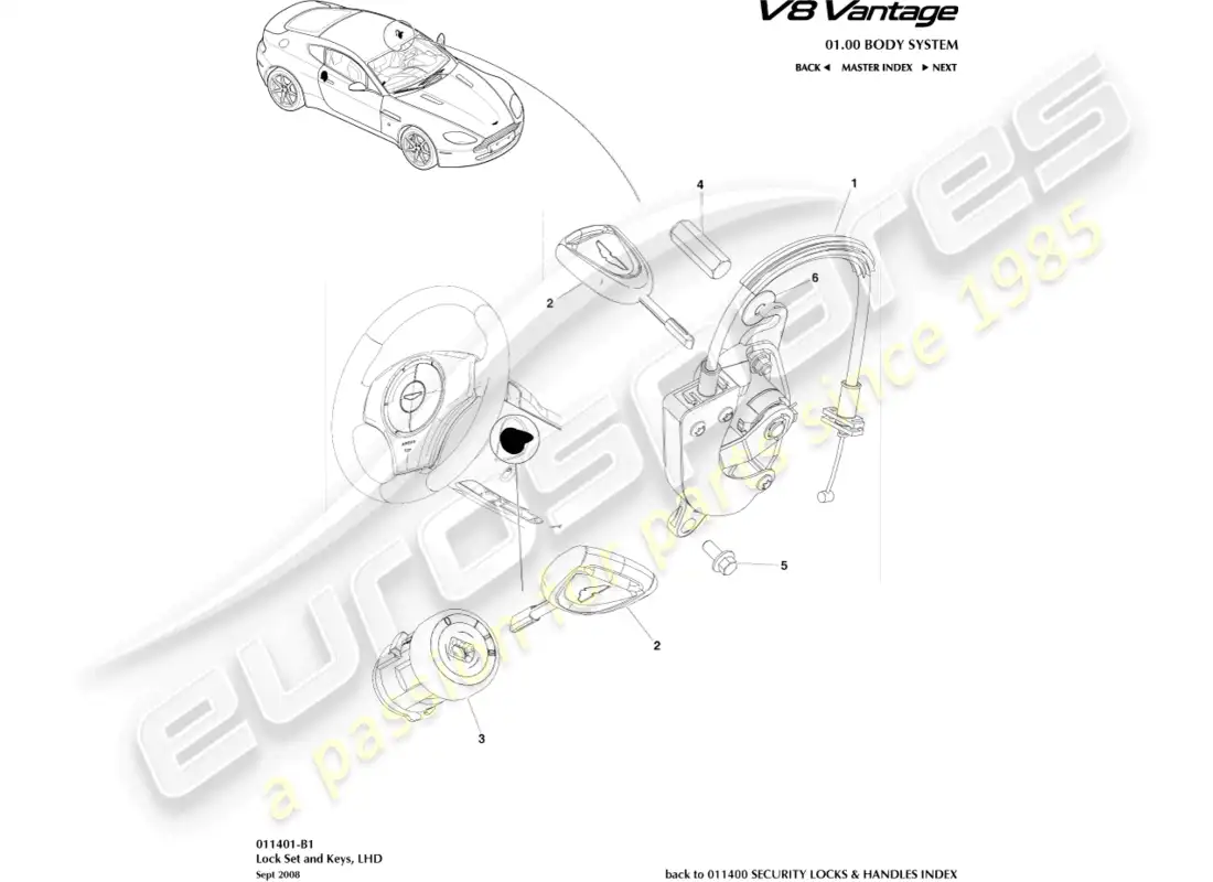 aston martin v8 vantage (2008) juego de cerradura y llaves, diagrama de piezas lhd