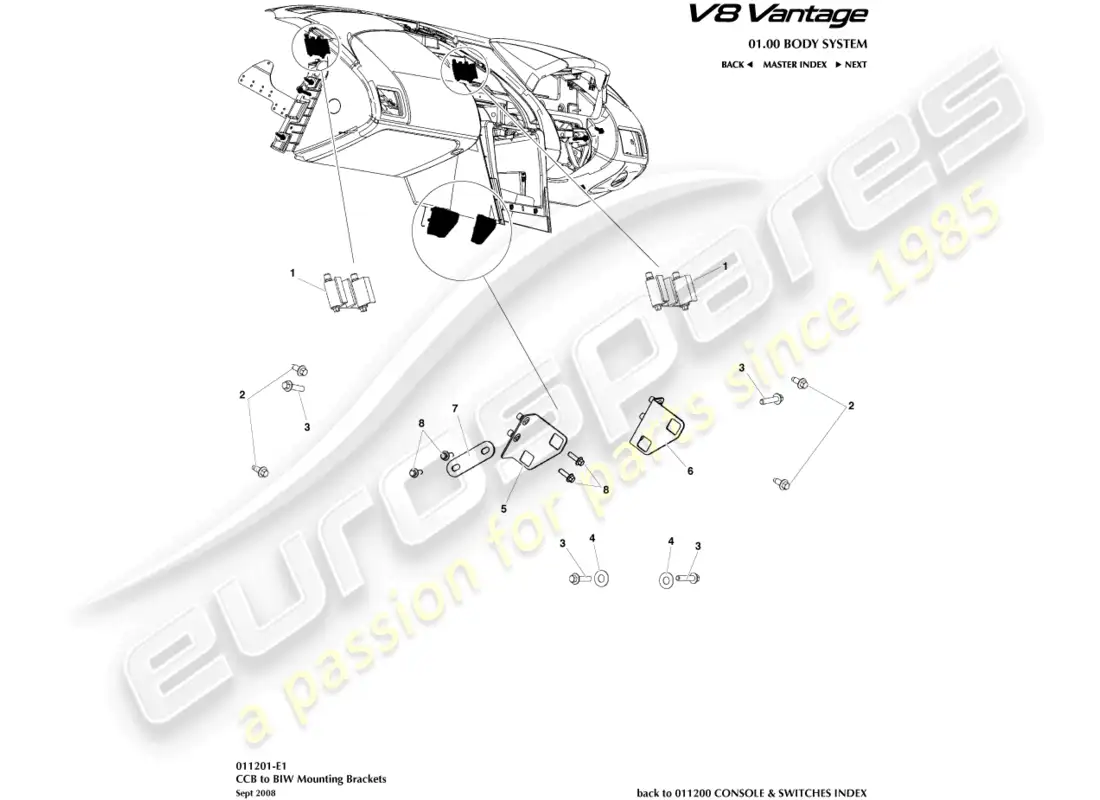 aston martin v8 vantage (2008) diagrama de piezas de soportes ccb a biw