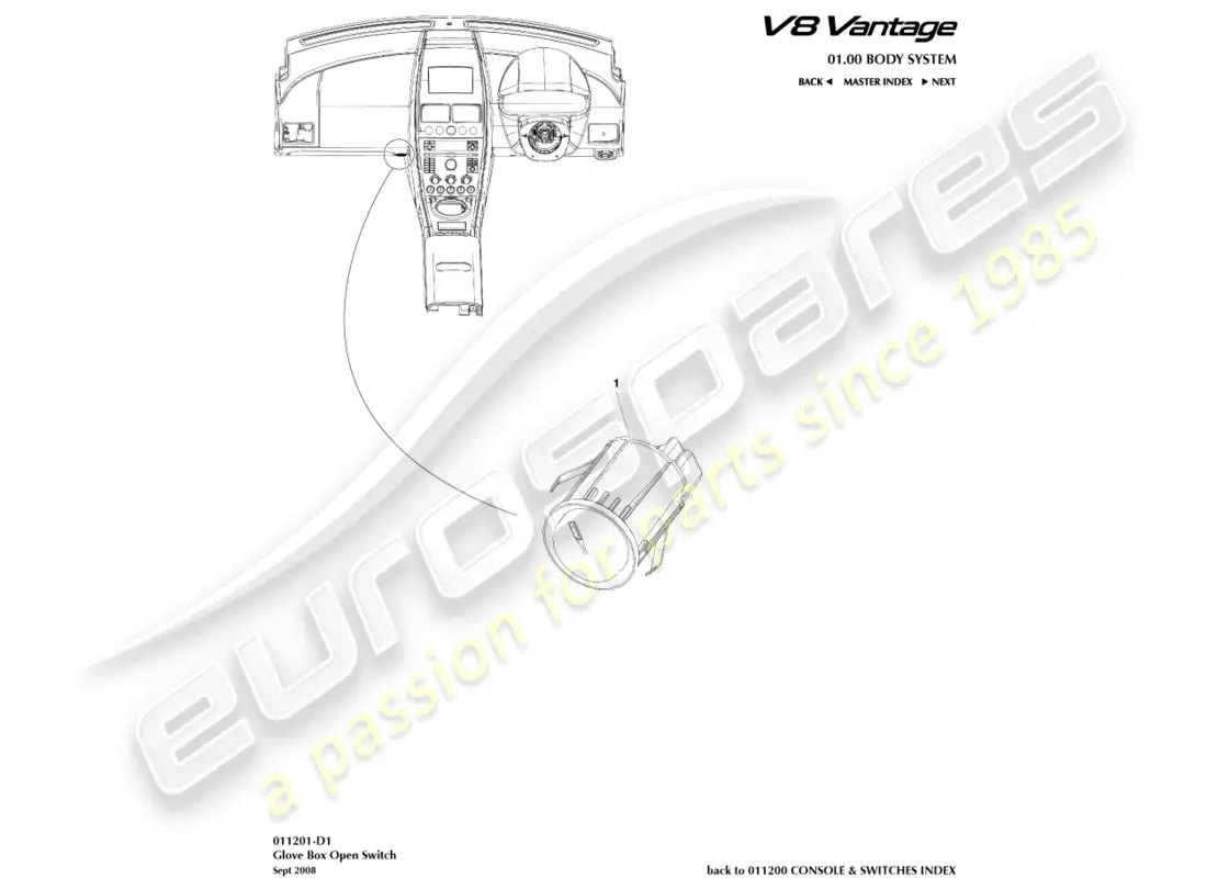 aston martin v8 vantage (2008) diagrama de piezas del interruptor de la guantera