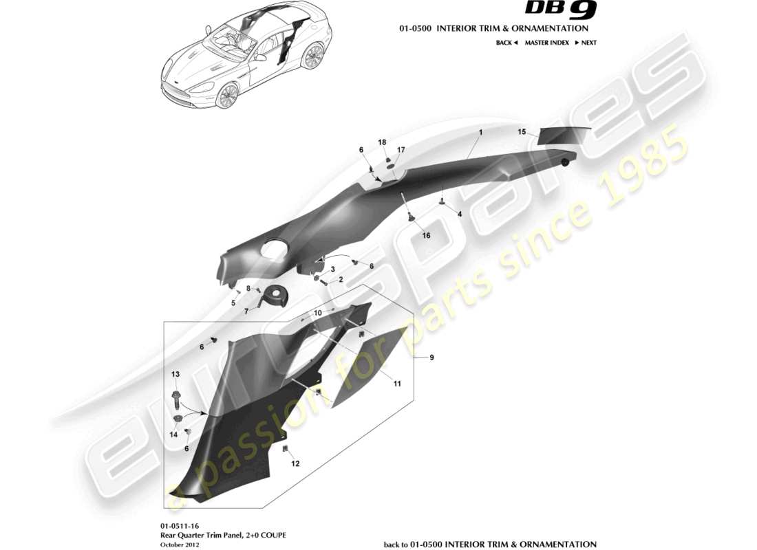 aston martin db9 (2013) panel embellecedor del cuarto trasero, 2+0 diagrama de piezas del cupé