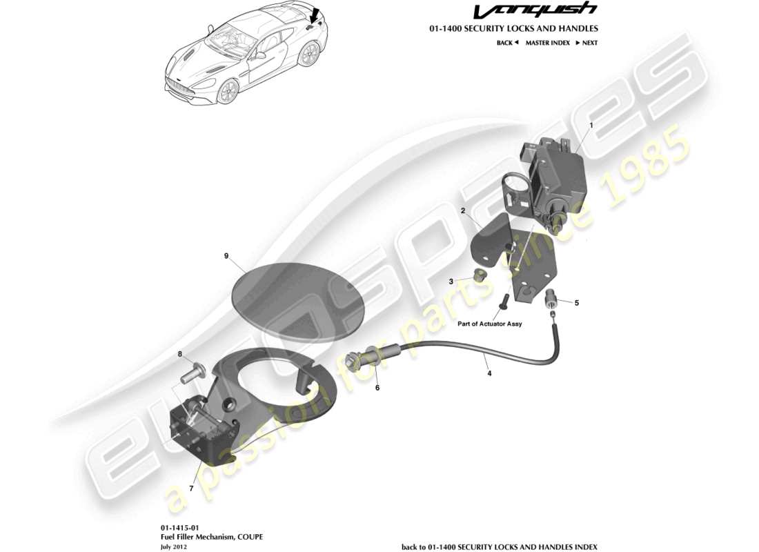 aston martin vanquish (2017) mecanismo de llenado de combustible, cupé diagrama de piezas