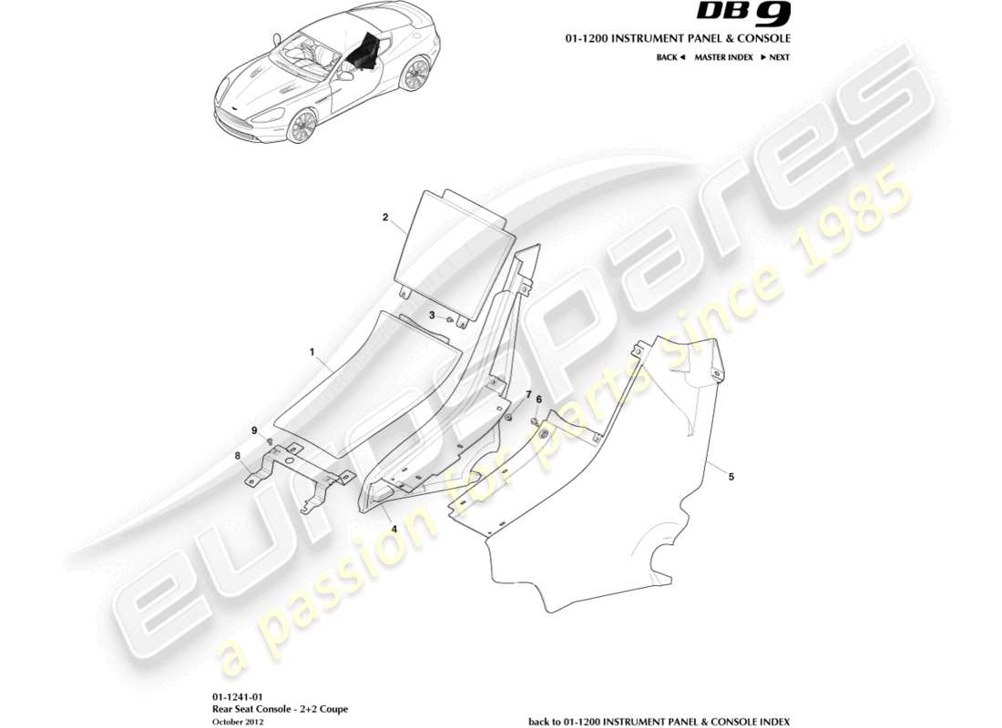 aston martin db9 (2013) consola trasera, cupé 2+2 diagrama de piezas
