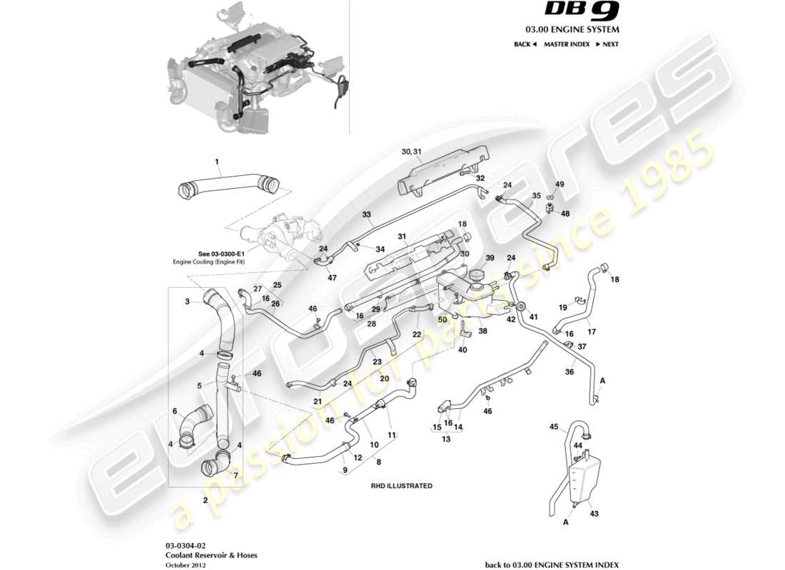 aston martin db9 (2015) diagrama de piezas del depósito de refrigerante y mangueras