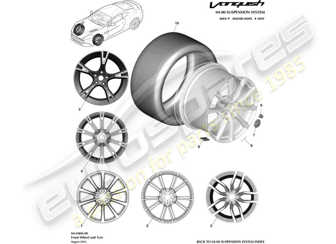 aston martin vanquish (2018) ruedas y neumáticos delanteros diagrama de piezas