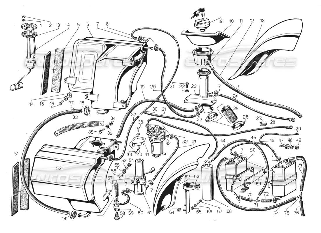 lamborghini jalpa 3.5 (1984) diagrama de piezas del sistema de combustible (válido para ee. uu., mayo 1985)