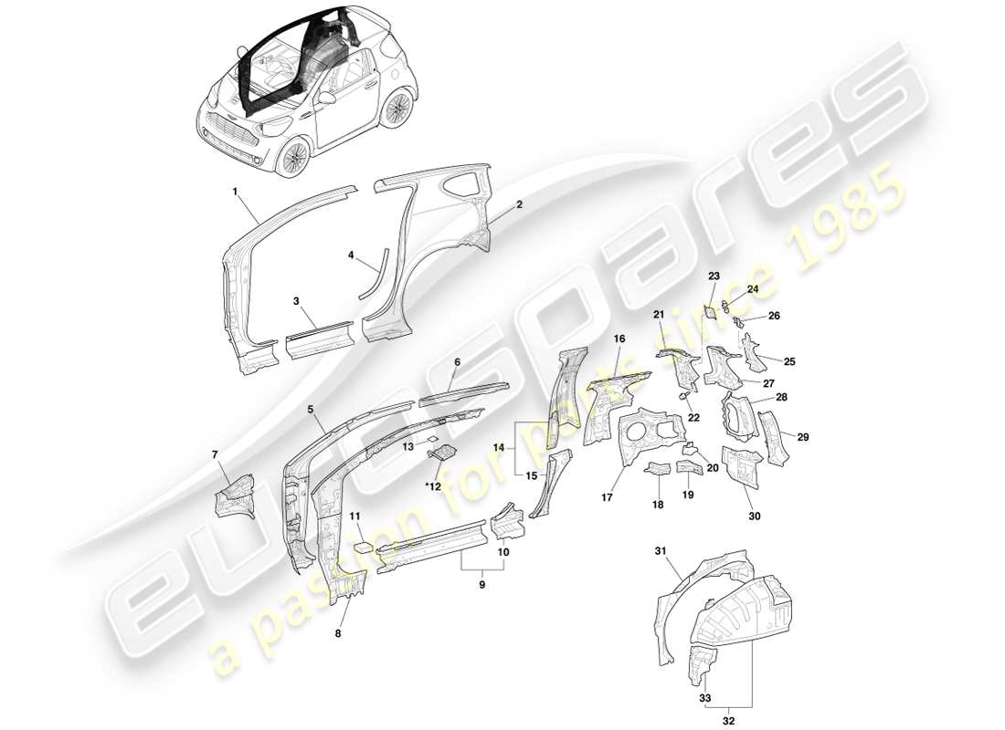 aston martin cygnet (2012) panel lateral de carrocería y cuarto, diagrama de piezas del lado derecho