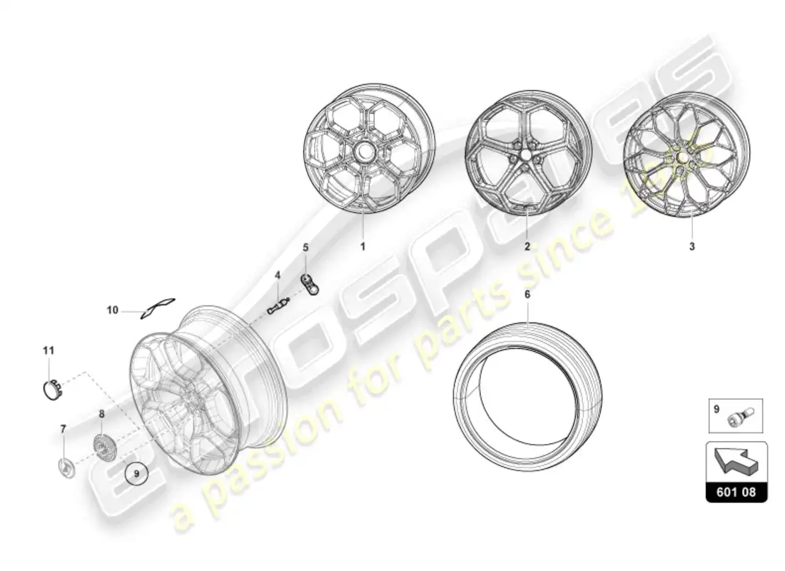lamborghini tecnica (2023) ruedas/neumáticos trasero diagrama de piezas