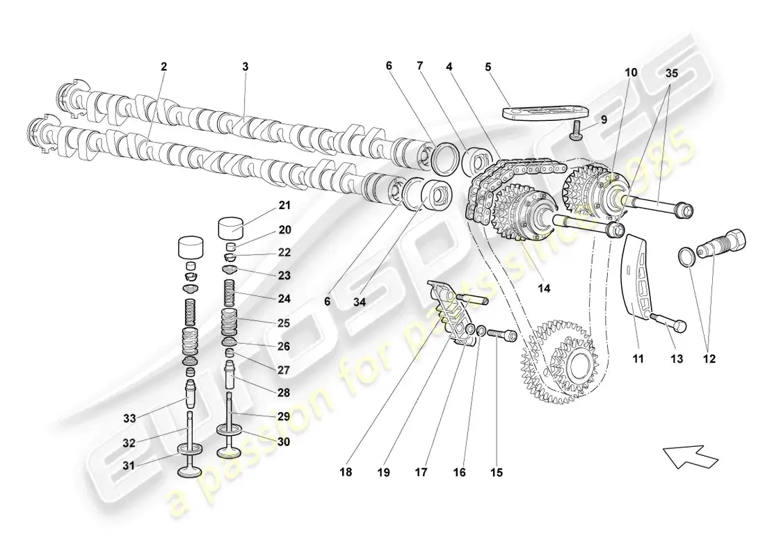 lamborghini lp640 coupe (2008) árbol de levas, válvulas derecha diagrama de piezas