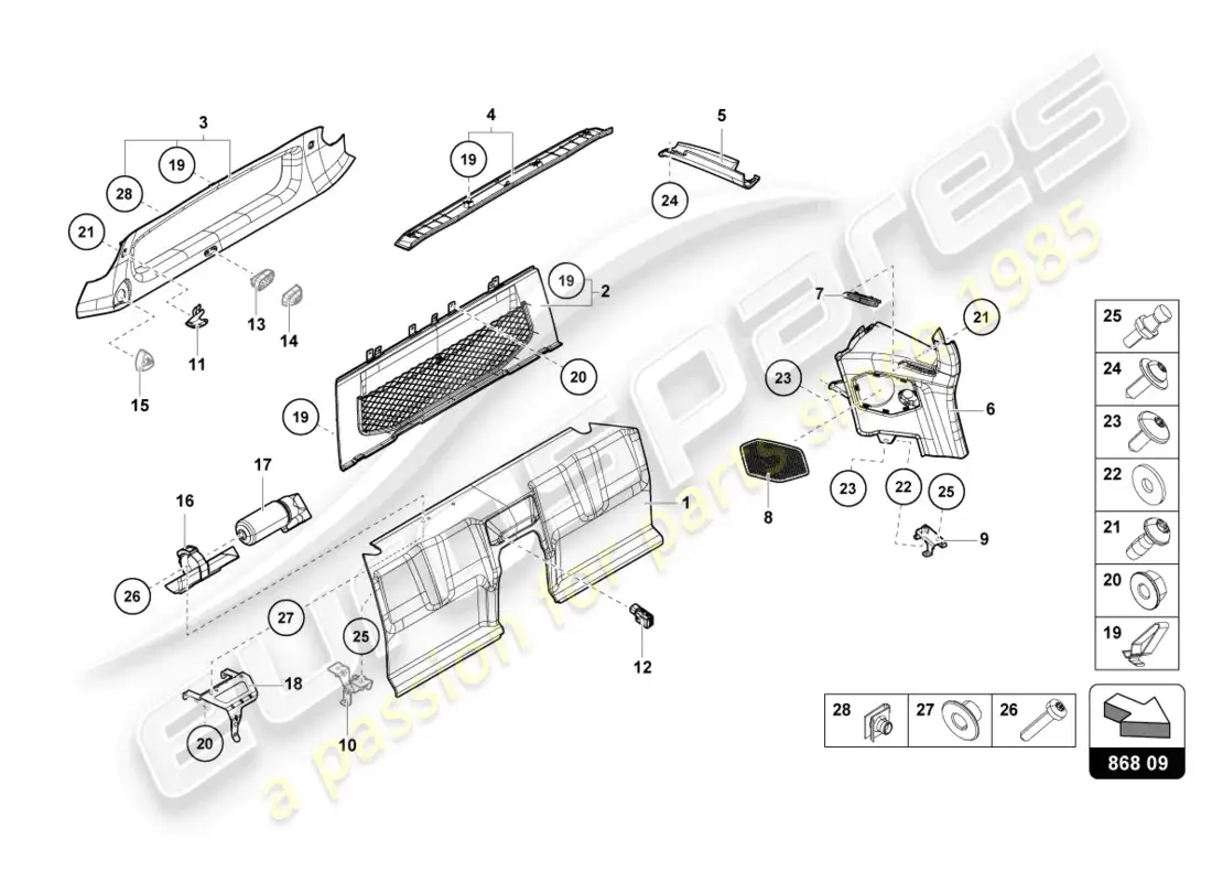 lamborghini sto (2022) área del compartimiento trasero diagrama de piezas