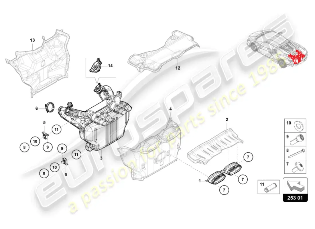 lamborghini revuelto coupe (2024) silenciador trasero con doble salida diagrama de piezas