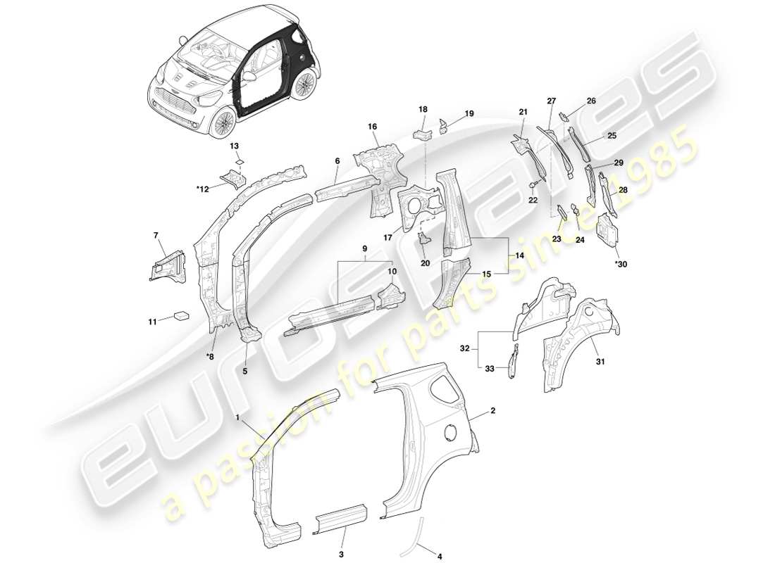 aston martin cygnet (2012) diagrama de piezas del panel lateral y lateral de la carrocería, lado izquierdo
