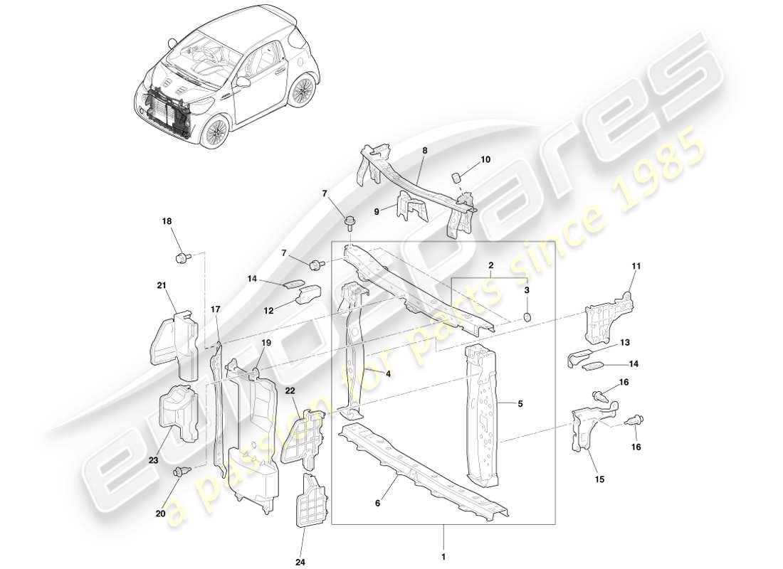 aston martin cygnet (2012) diagrama de piezas de chapa metálica frontal y gop