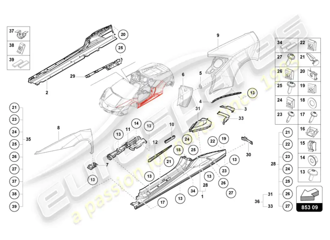 lamborghini tecnica (2024) lateral externo inferior para pasaje de rueda diagrama de piezas