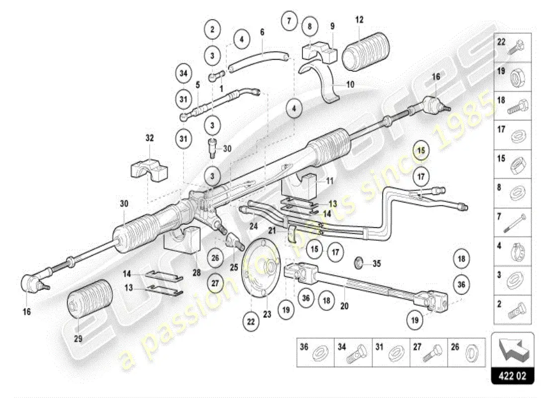 lamborghini diablo vt (1996) diagrama de piezas de la barra de dirección