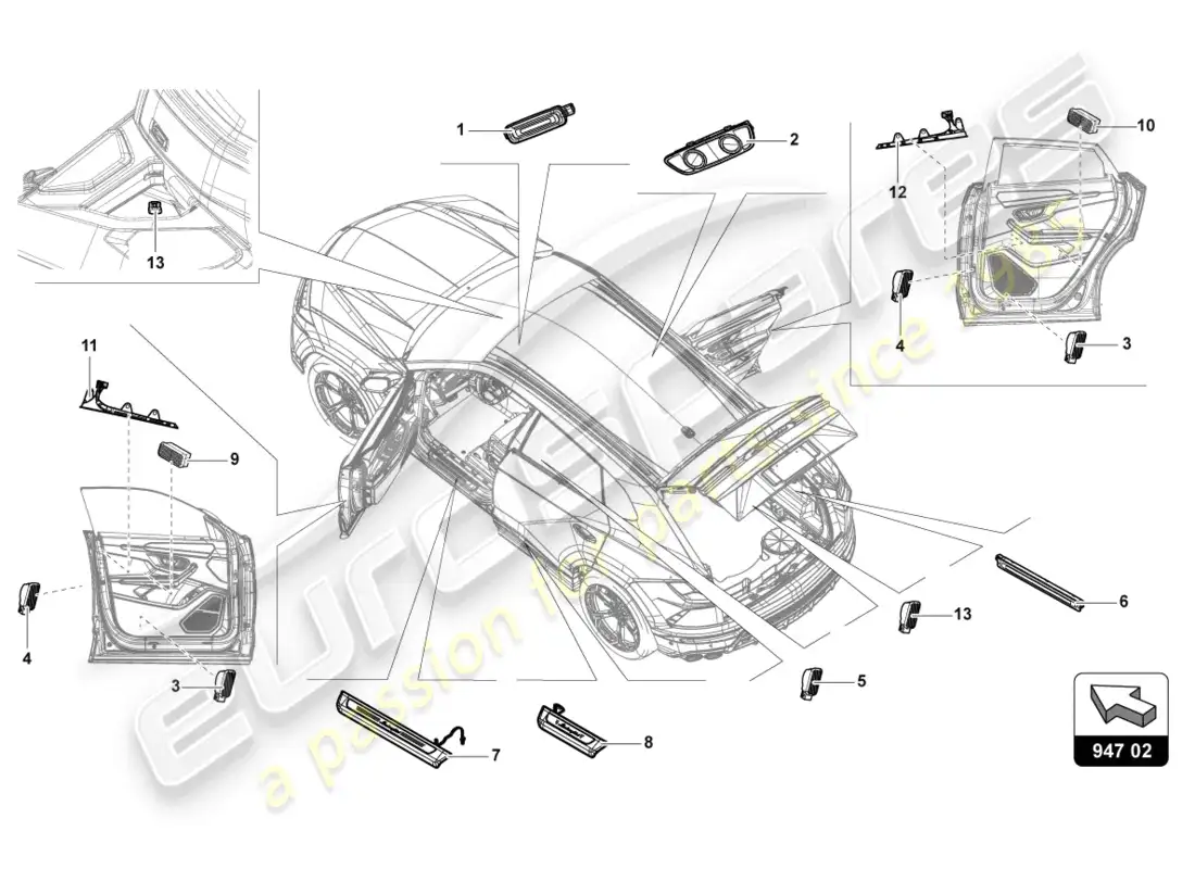 lamborghini urus (2021) piezas individuales para luz interior y de lectura diagrama de piezas