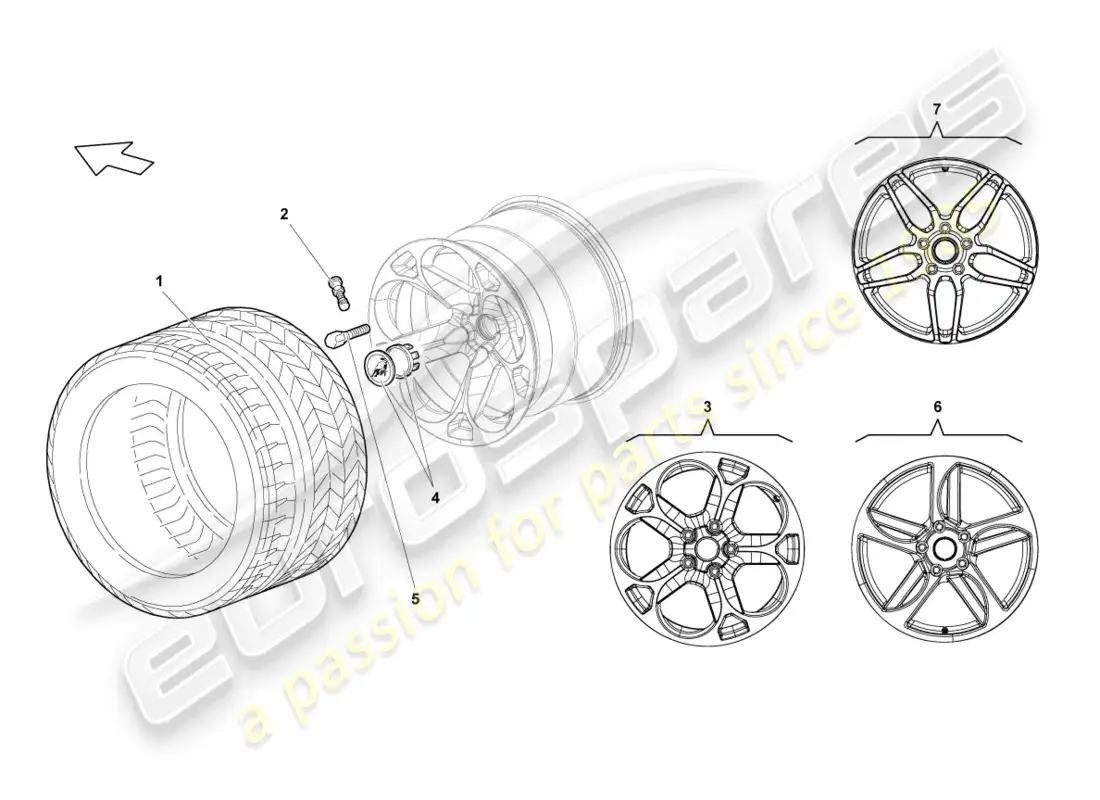 lamborghini lp640 roadster (2007) llanta de aluminio trasera diagrama de piezas