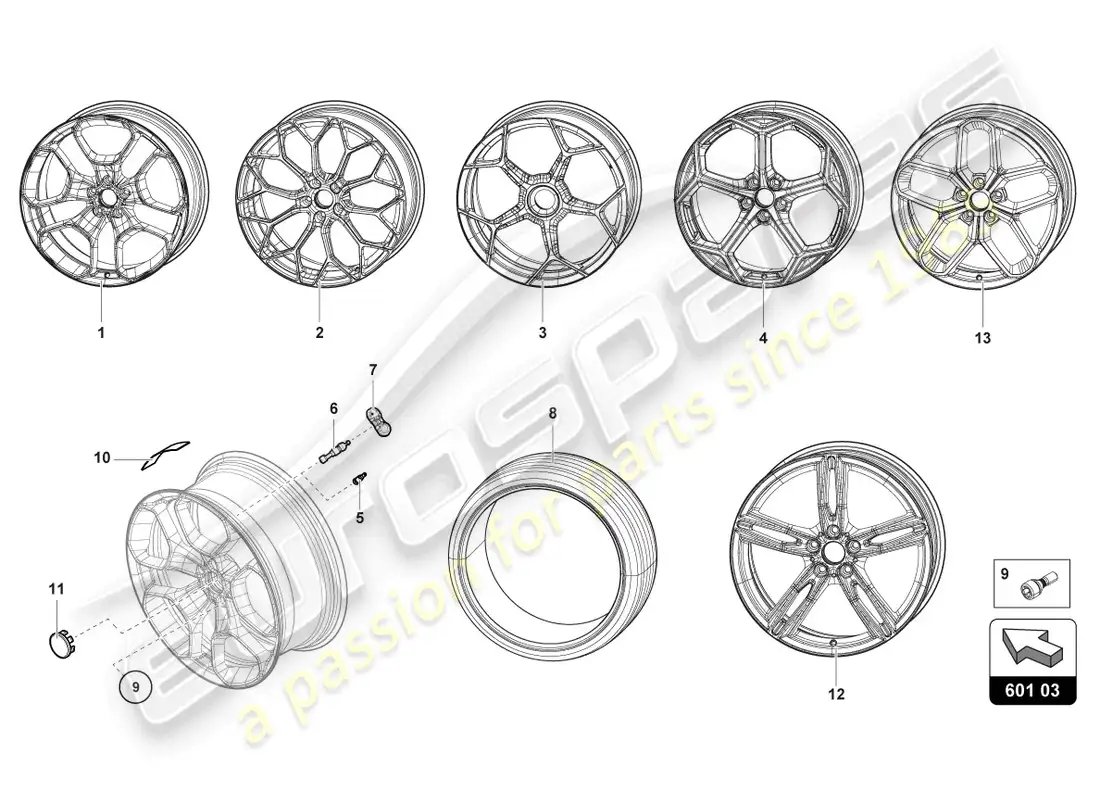 lamborghini evo coupe 2wd (2022) ruedas/neumáticos delanteros diagrama de piezas