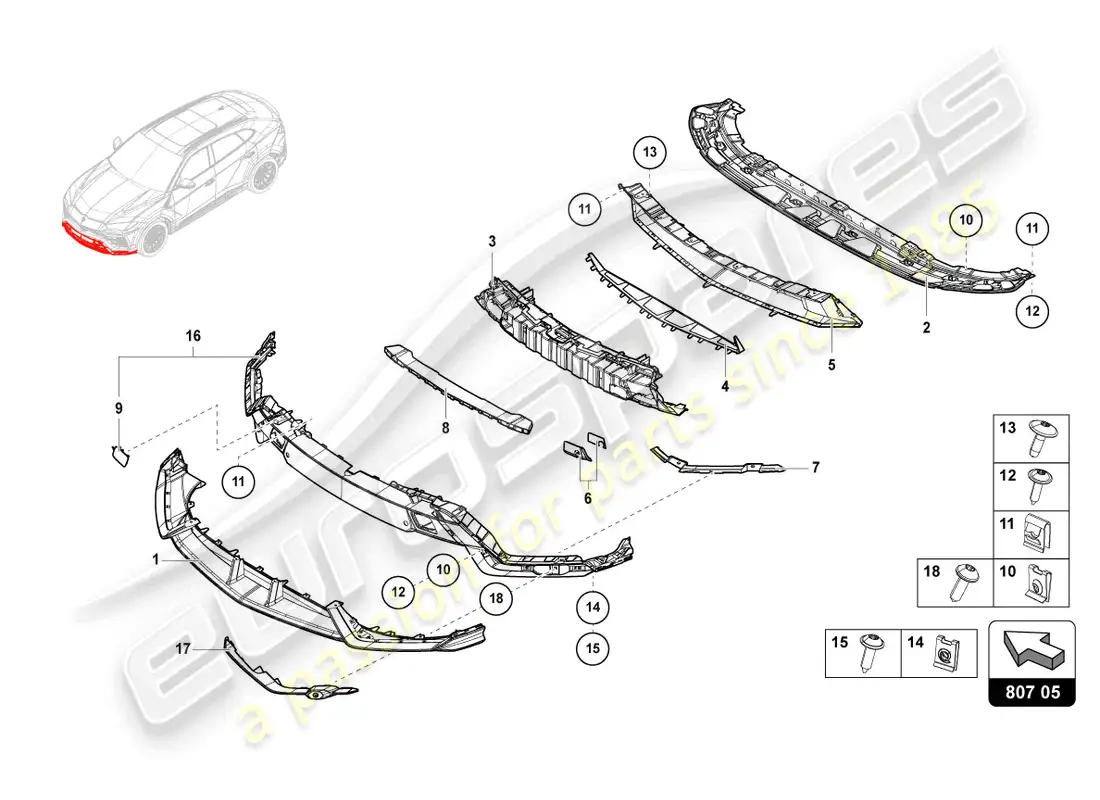 lamborghini urus s (2024) parachoques, carbono completo diagrama de piezas