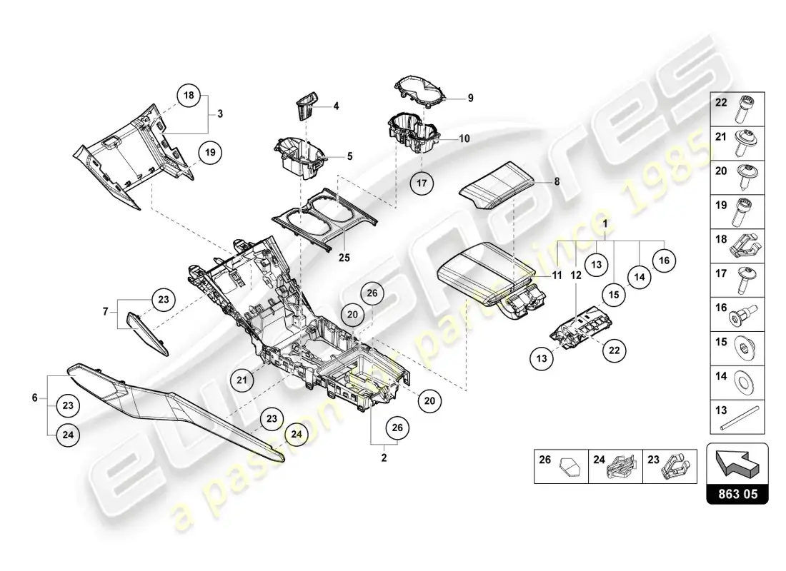 lamborghini urus performante (2023) centro superior del túnel diagrama de piezas